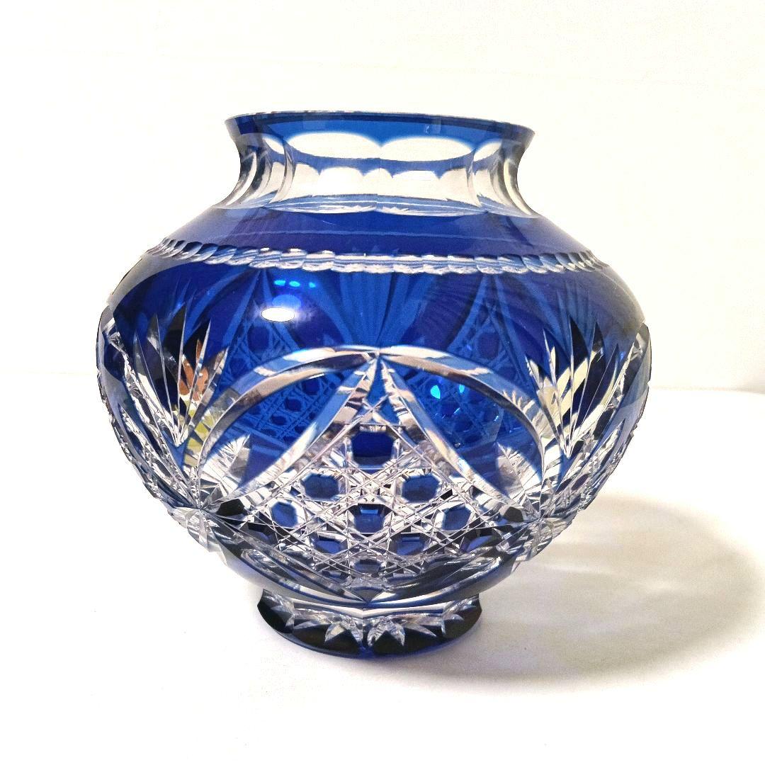 未使用 美品 カガミクリスタル 江戸切子 花瓶 笹葉麻葉紋 伝統工芸士 木村秋男