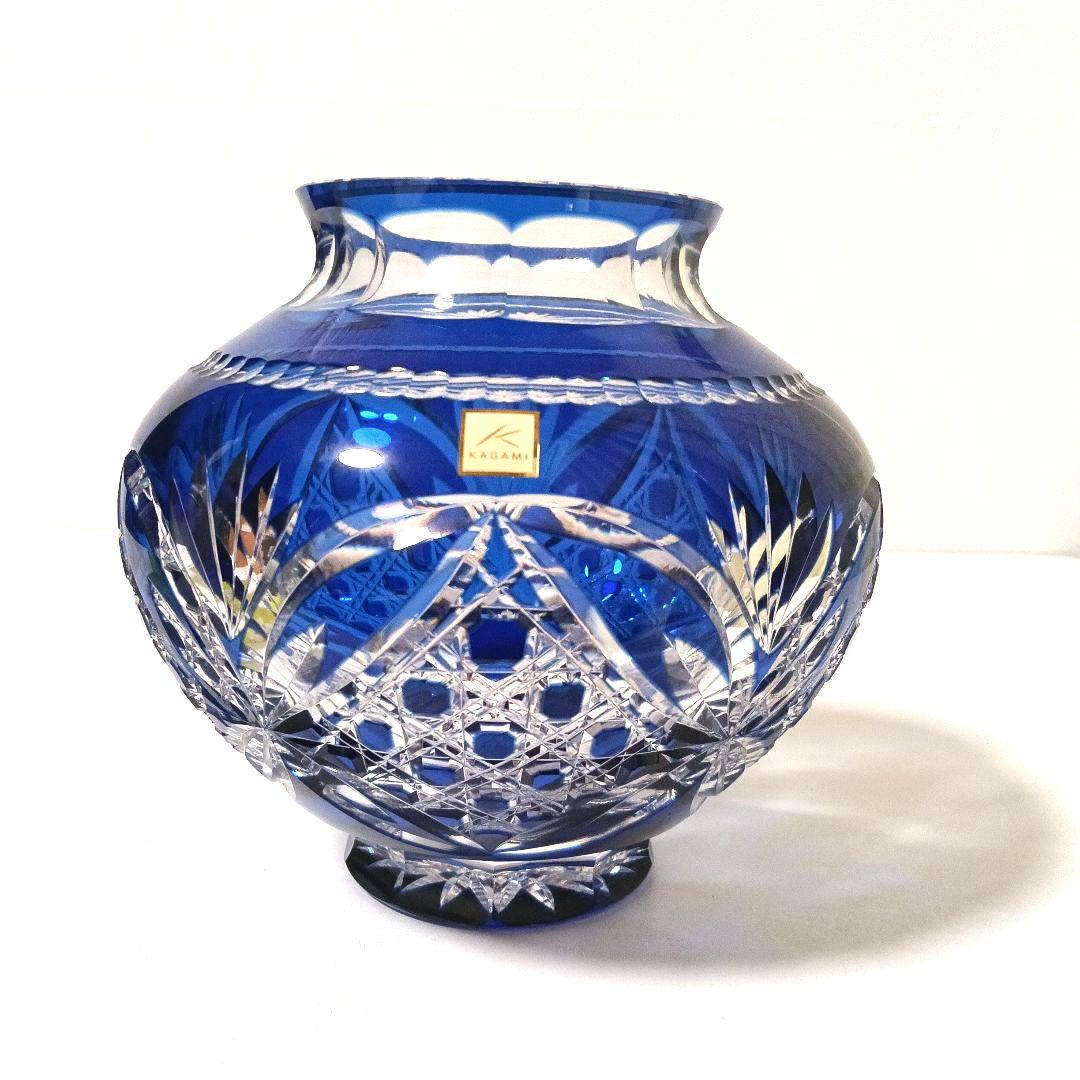 未使用 美品 カガミクリスタル 江戸切子 花瓶 笹葉麻葉紋 伝統工芸士 木村秋男
