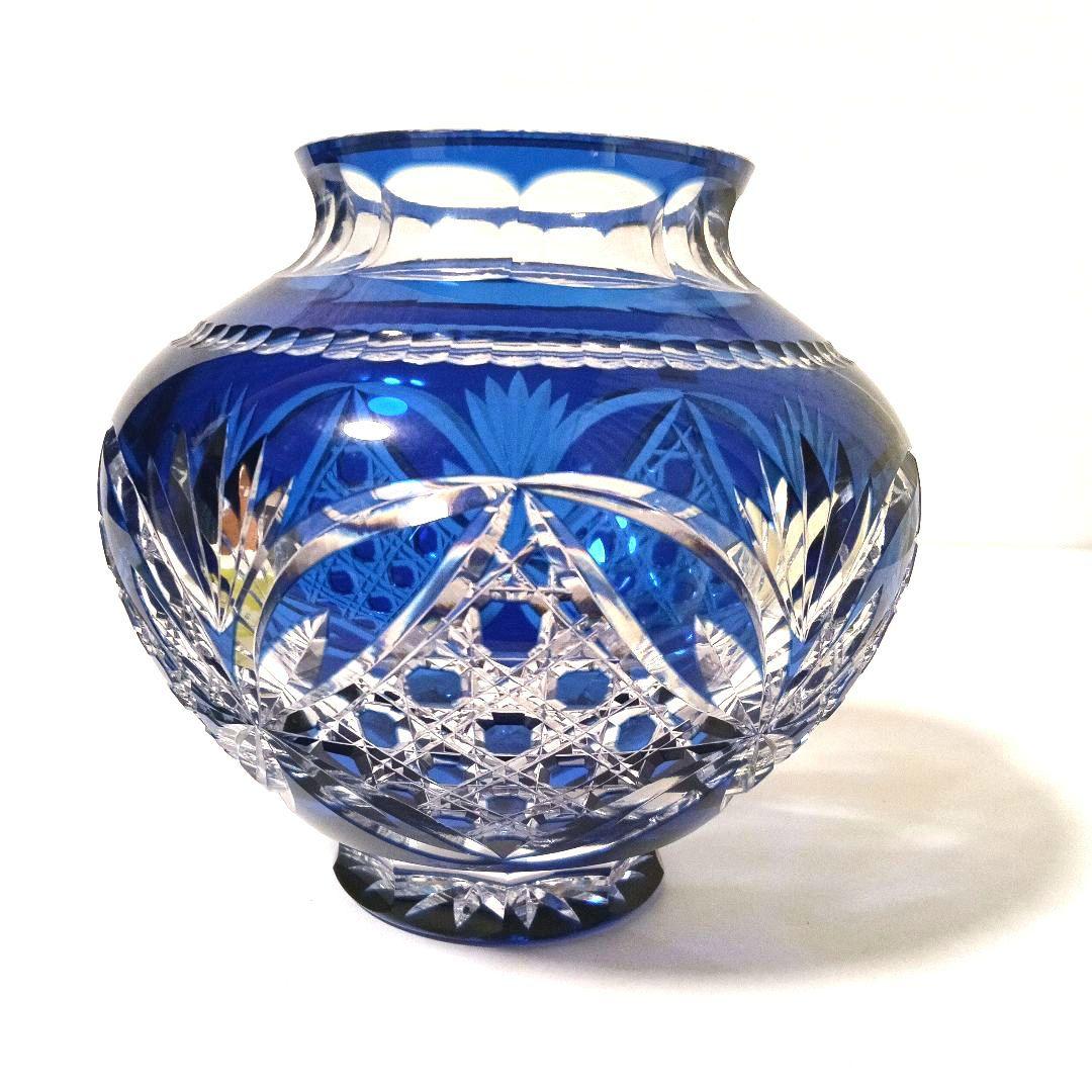 未使用 美品 カガミクリスタル 江戸切子 花瓶 笹葉麻葉紋 伝統工芸士 木村秋男
