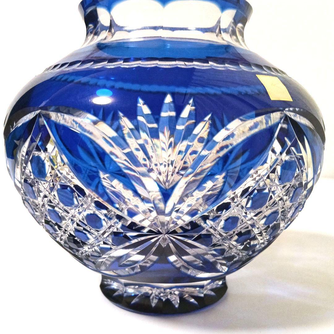 未使用 美品 カガミクリスタル 江戸切子 花瓶 笹葉麻葉紋 伝統工芸士 木村秋男