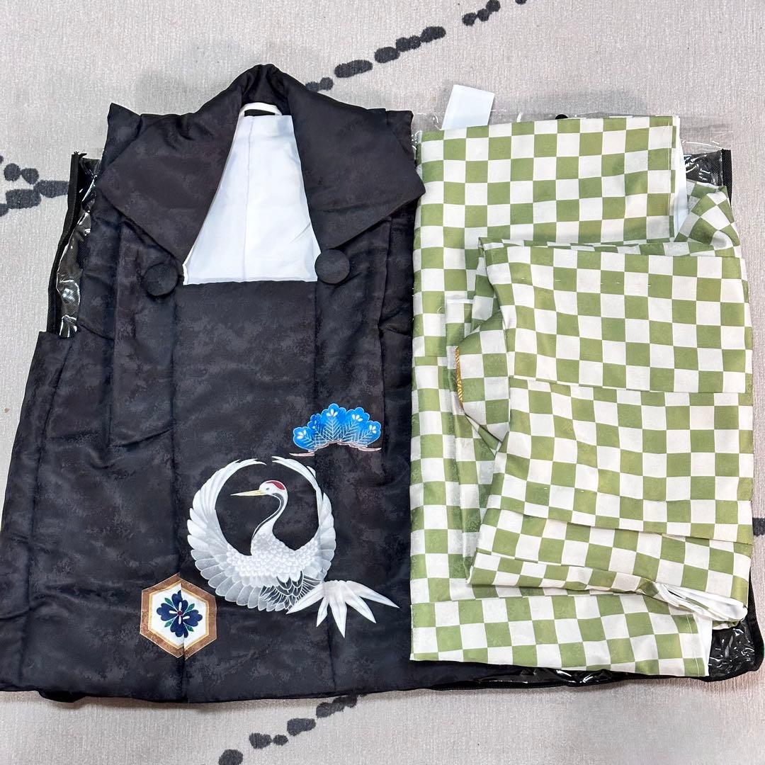 七五三 3歳 男の子 着物 被布着 市松模様 緑