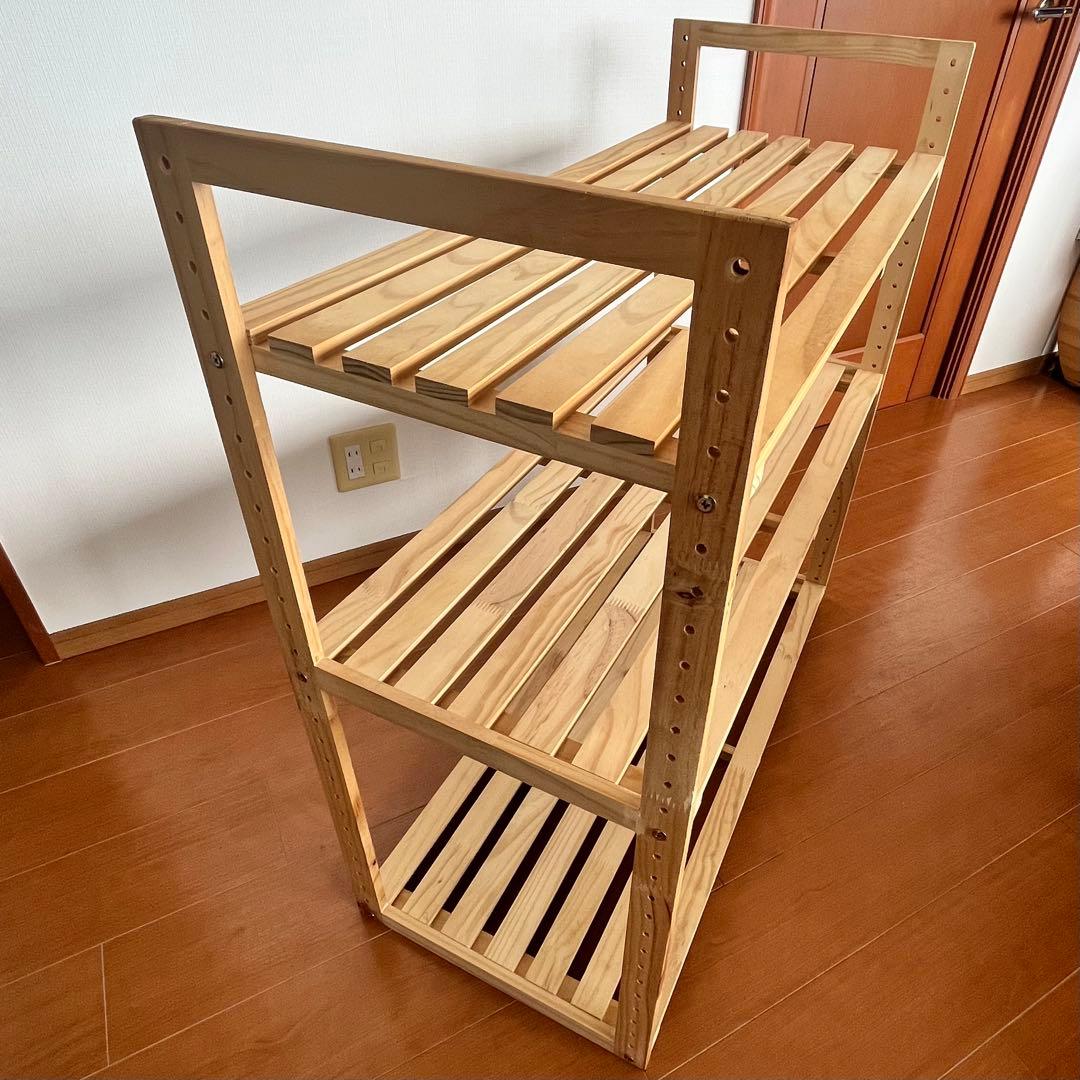 パイン材 3段すのこウッドシェルフ＋山善 折り畳みキッチンワゴン YFW-68