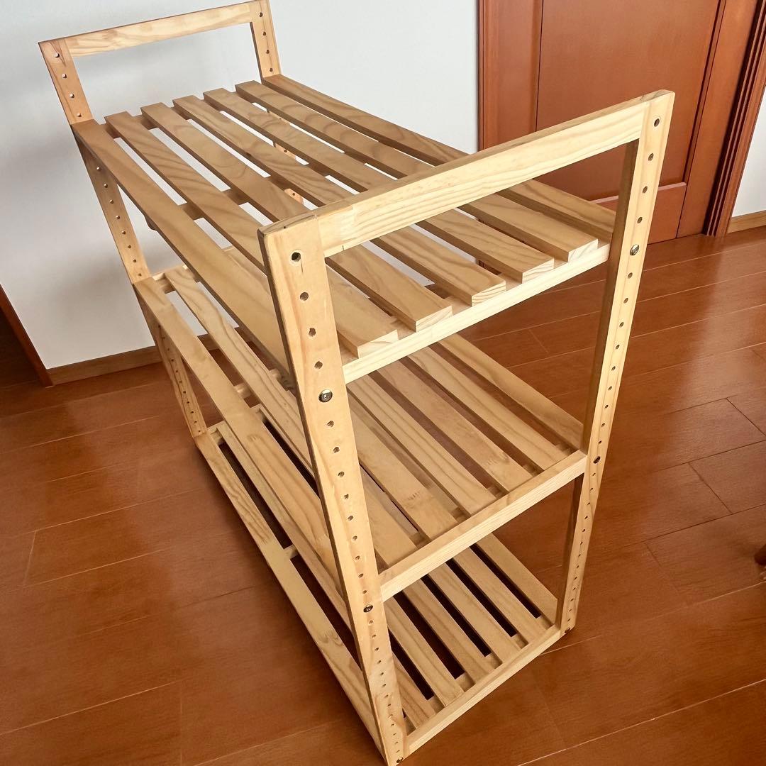 パイン材 3段すのこウッドシェルフ＋山善 折り畳みキッチンワゴン YFW-68