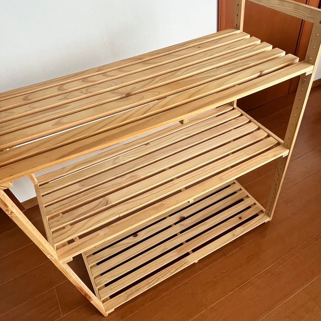 パイン材 3段すのこウッドシェルフ＋山善 折り畳みキッチンワゴン YFW-68