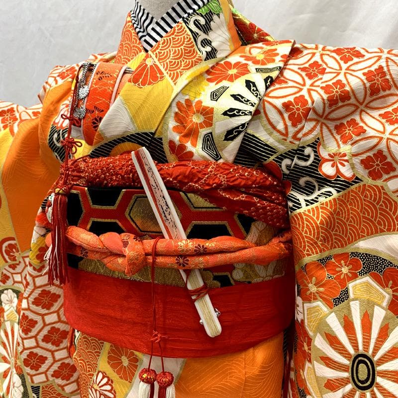 602ag13□七五三 七歳 女児 着物&袋帯 金駒刺繍 源氏車□美品