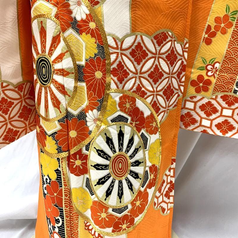 602ag13□七五三 七歳 女児 着物&袋帯 金駒刺繍 源氏車□美品