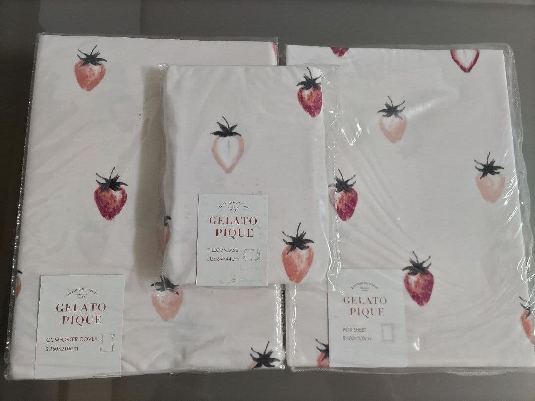 gelato piqueシングル3点 布団カバー ボックスシーツ 枕カバー 苺柄