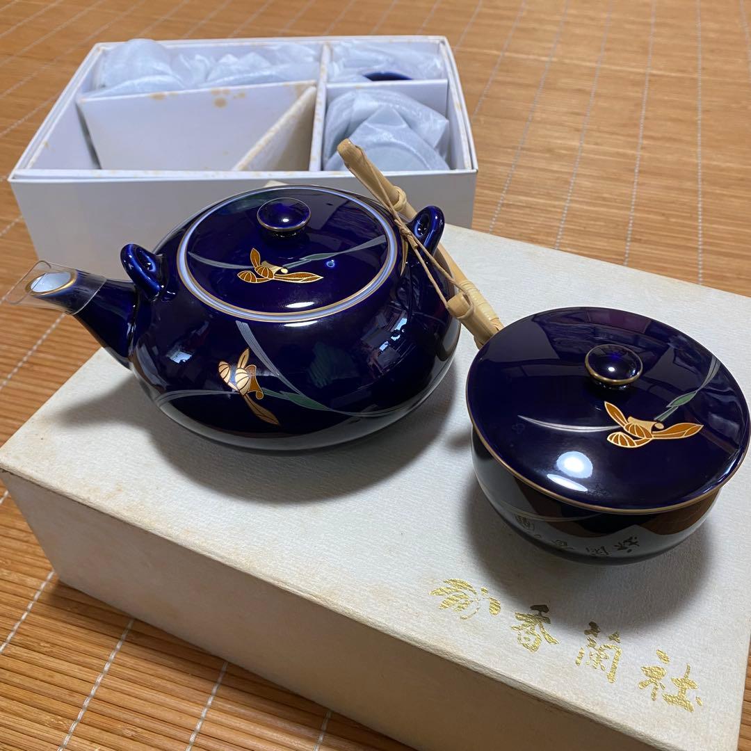 香蘭社 急須 & 蓋つき湯呑み×5セット 瑠璃色蘭模様 有田焼 - メルカリ