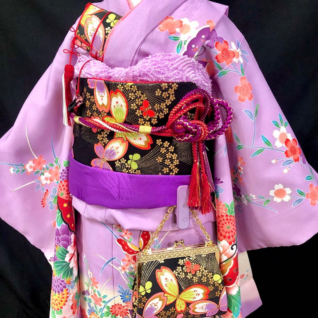 七五三　7歳　女の子　藤色　薄紫　四つ身　着物　作り帯　セット　753 七歳