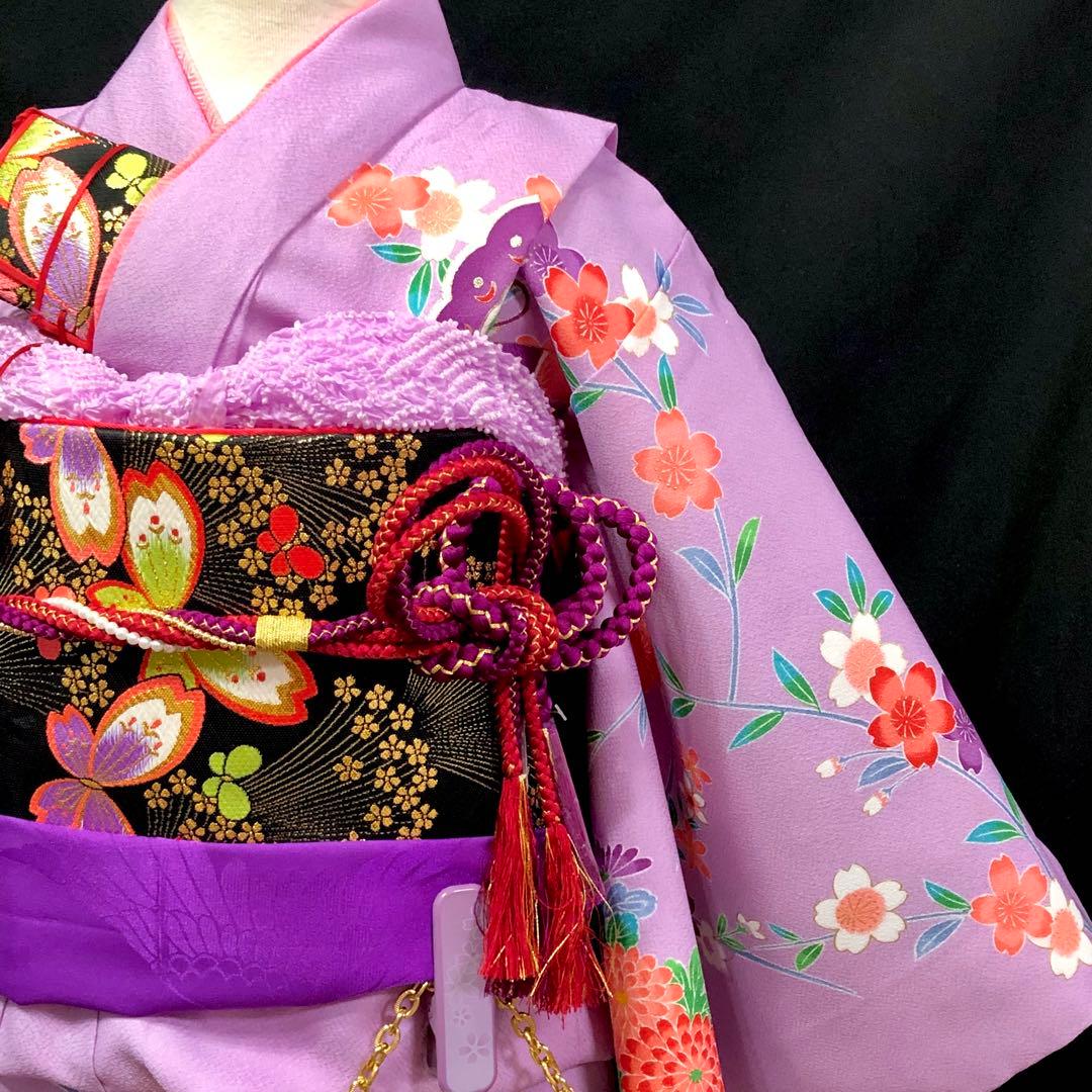 七五三　7歳　女の子　藤色　薄紫　四つ身　着物　作り帯　セット　753 七歳