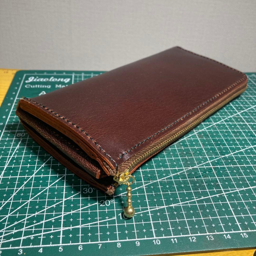 ハンドメイド ブラウンヌメ革レザー長財布 ゴールドファスナー付き
