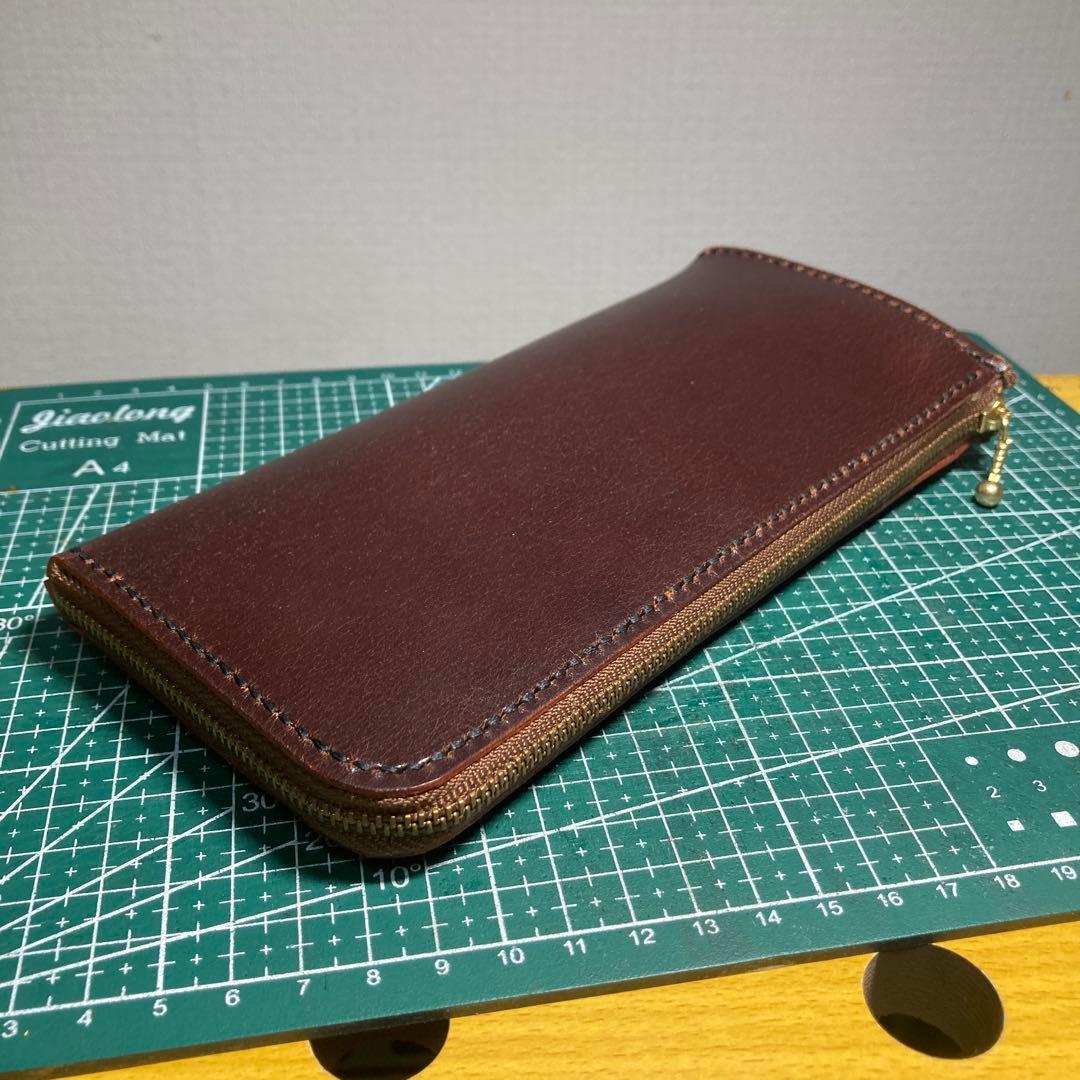 ハンドメイド ブラウンヌメ革レザー長財布 ゴールドファスナー付き