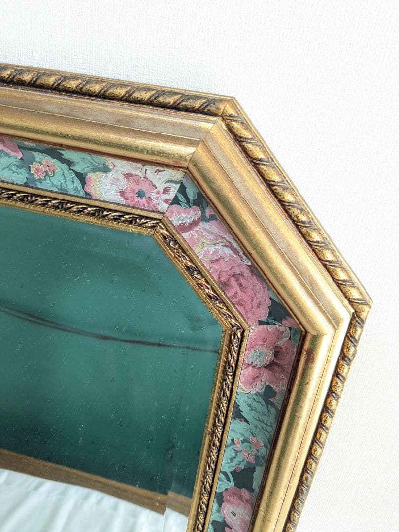 アンティーク 壁掛け 八角 ミラー 鏡 花柄 ヴィンテージ ゴールド