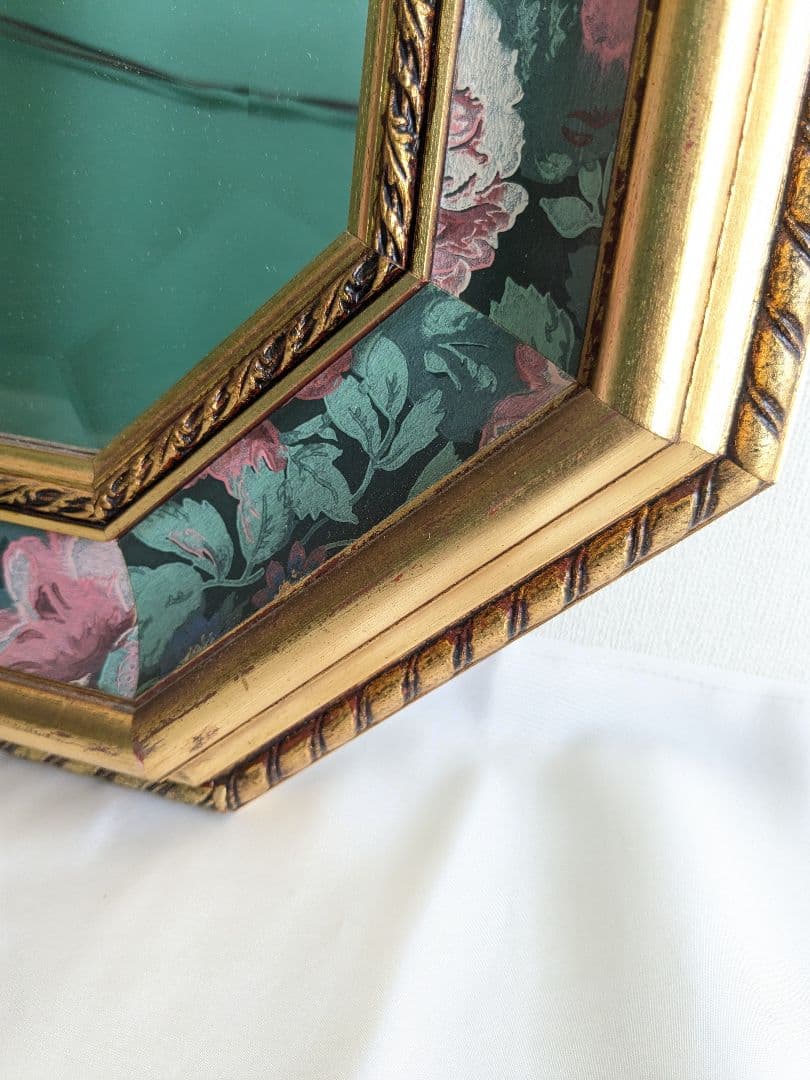 アンティーク 壁掛け 八角 ミラー 鏡 花柄 ヴィンテージ ゴールド