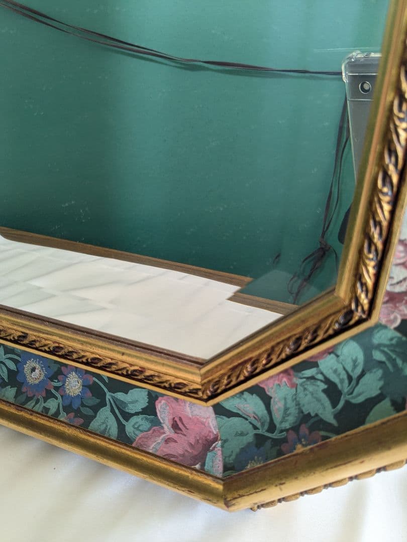 アンティーク 壁掛け 八角 ミラー 鏡 花柄 ヴィンテージ ゴールド