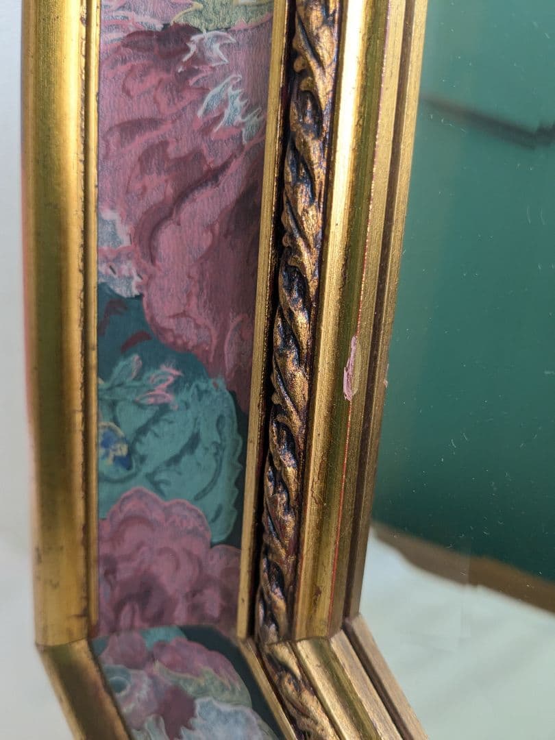 アンティーク 壁掛け 八角 ミラー 鏡 花柄 ヴィンテージ ゴールド