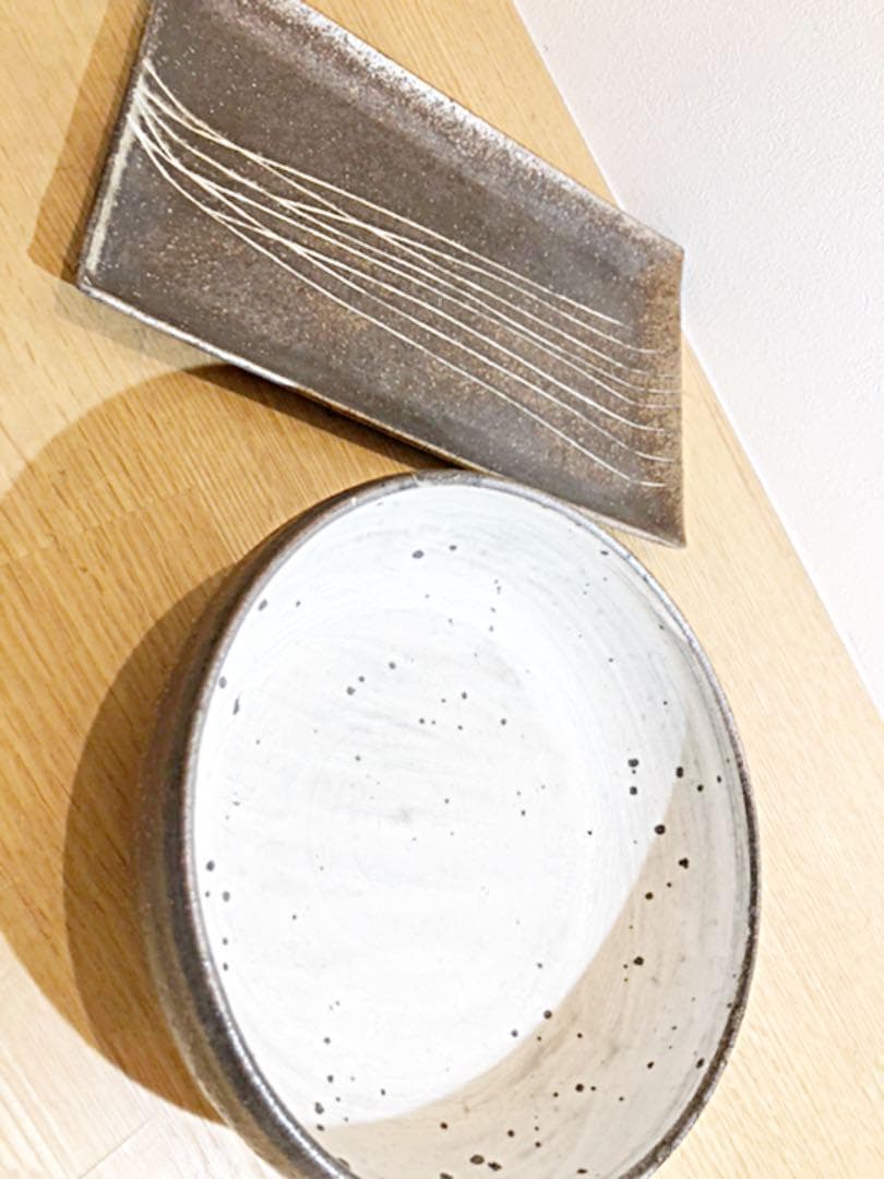 【入手困難・新品未使用】文五郎窯　奥田章　トクサ角皿　＆　ひび割れ浅どんぶり