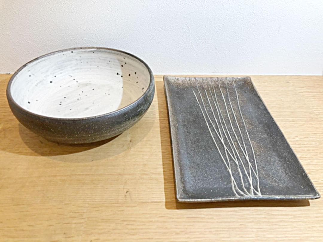 【入手困難・新品未使用】文五郎窯　奥田章　トクサ角皿　＆　ひび割れ浅どんぶり