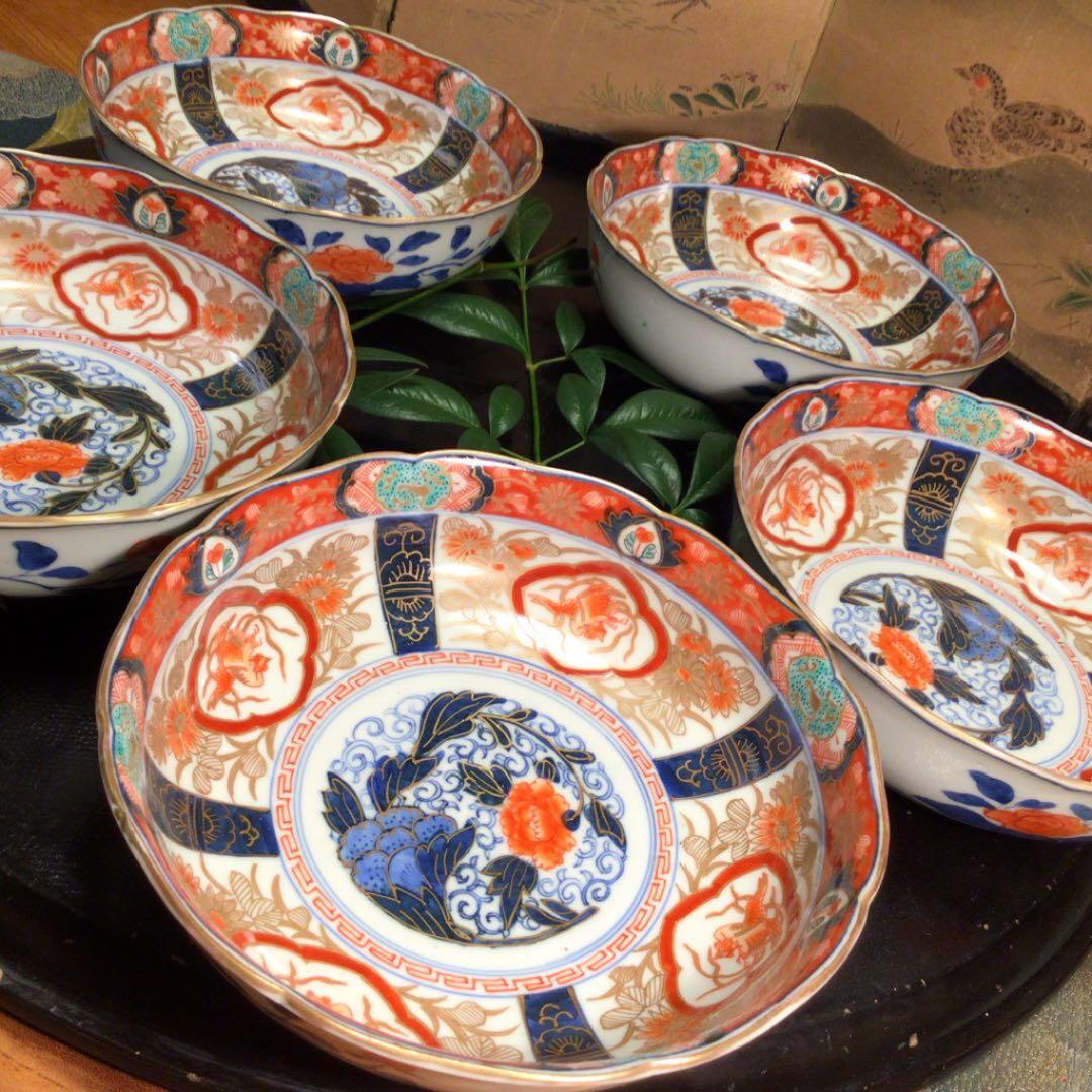 A575 古伊万里　極上赤絵　見込牡丹　窓絵鳳凰　筍干鉢　輪花型　金縁　5客