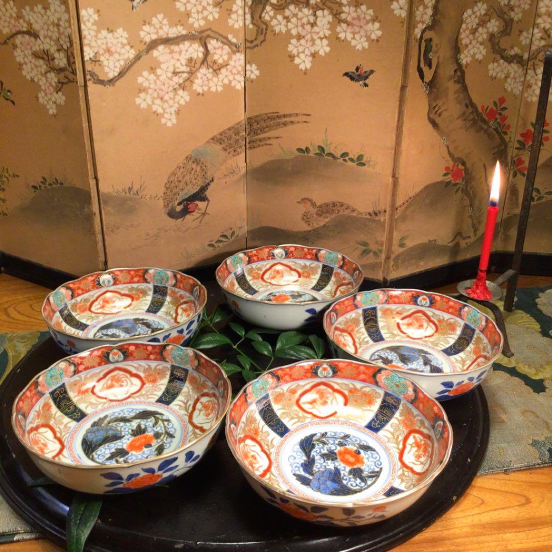 A575 古伊万里　極上赤絵　見込牡丹　窓絵鳳凰　筍干鉢　輪花型　金縁　5客