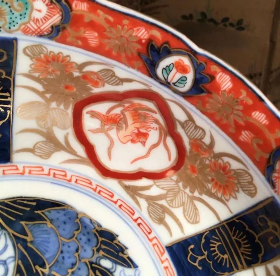 A575 古伊万里　極上赤絵　見込牡丹　窓絵鳳凰　筍干鉢　輪花型　金縁　5客