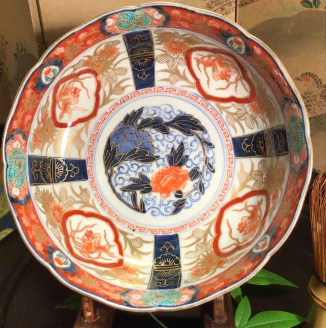 A575 古伊万里　極上赤絵　見込牡丹　窓絵鳳凰　筍干鉢　輪花型　金縁　5客