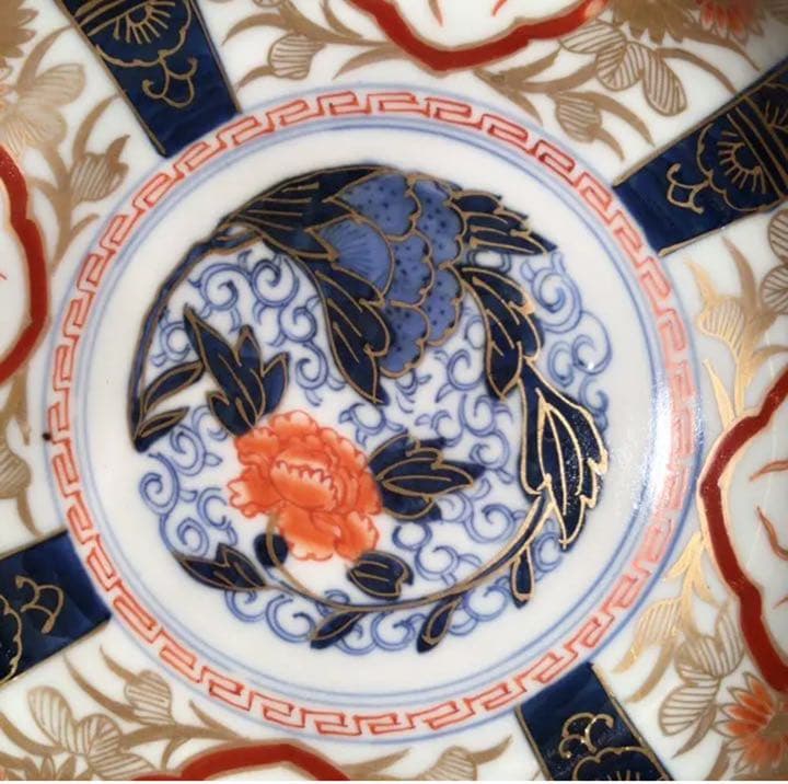 A575 古伊万里　極上赤絵　見込牡丹　窓絵鳳凰　筍干鉢　輪花型　金縁　5客