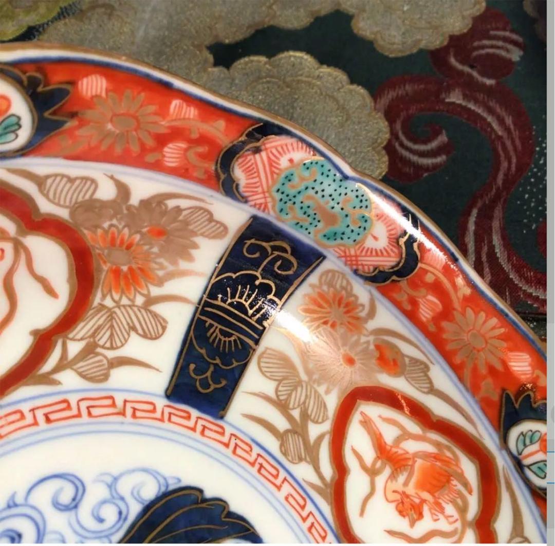 A575 古伊万里　極上赤絵　見込牡丹　窓絵鳳凰　筍干鉢　輪花型　金縁　5客