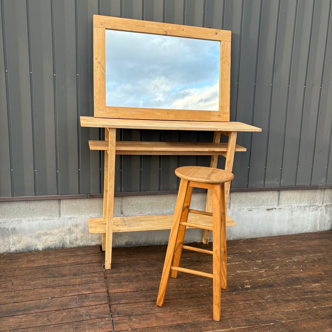 C3 北欧レトロ パイン材 木製カウンターテーブルドレッサー 鏡台スツールセット