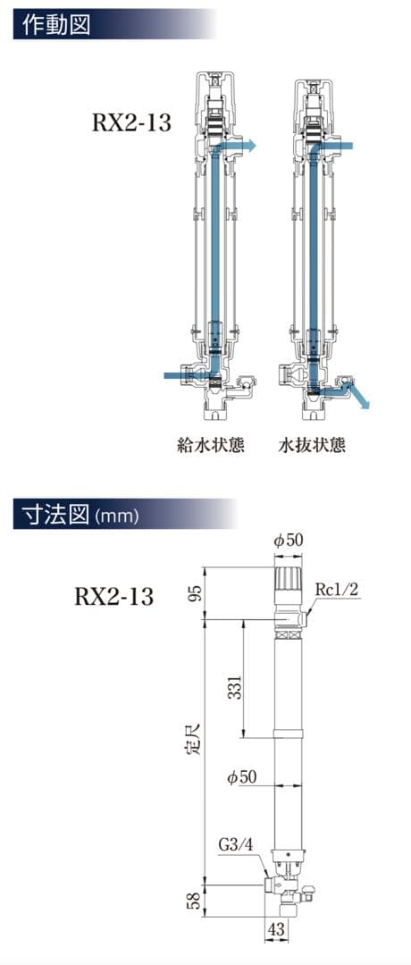 不凍給水栓　水抜栓　RX2-13 × 1.4m