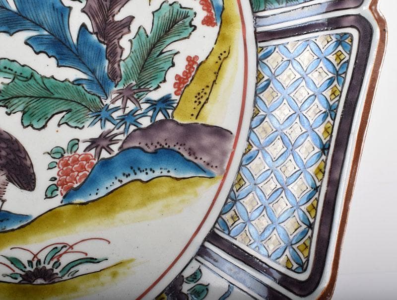 九谷焼 古九谷写 色絵草花図平鉢 飾皿 桐箱付 M 3904B