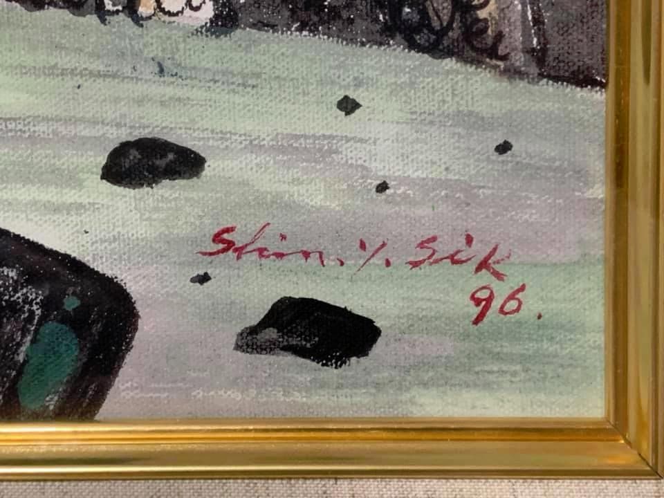 絵画　油絵（キャンバス）　「滝見の老人」　韓国人画家・申 英植　Ｆ１０号