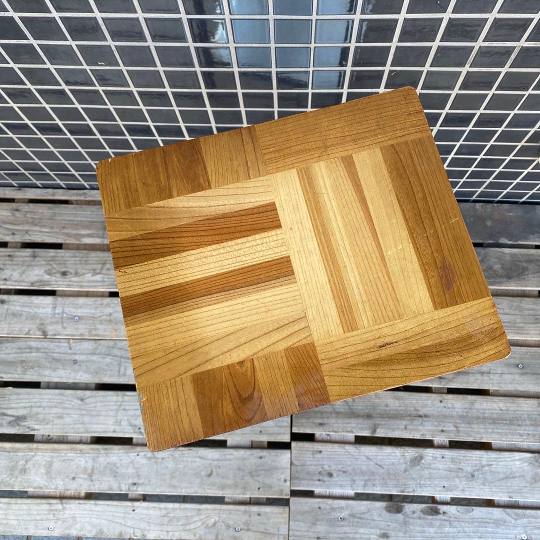 B,昭和レトロ 鉄脚スツール ヴィンテージ 寄木細工 古家具 インダストリアル