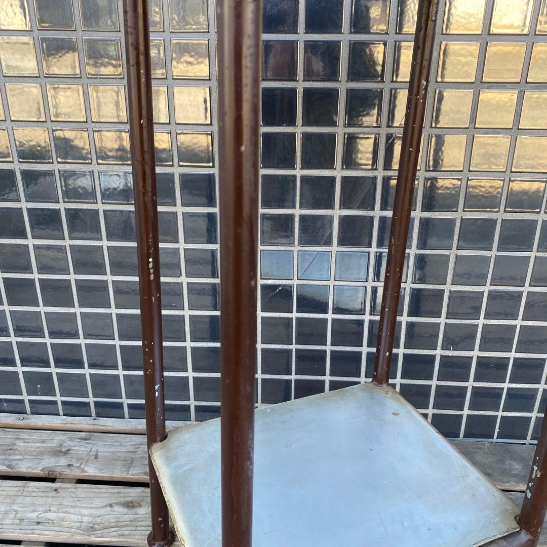 B,昭和レトロ 鉄脚スツール ヴィンテージ 寄木細工 古家具 インダストリアル