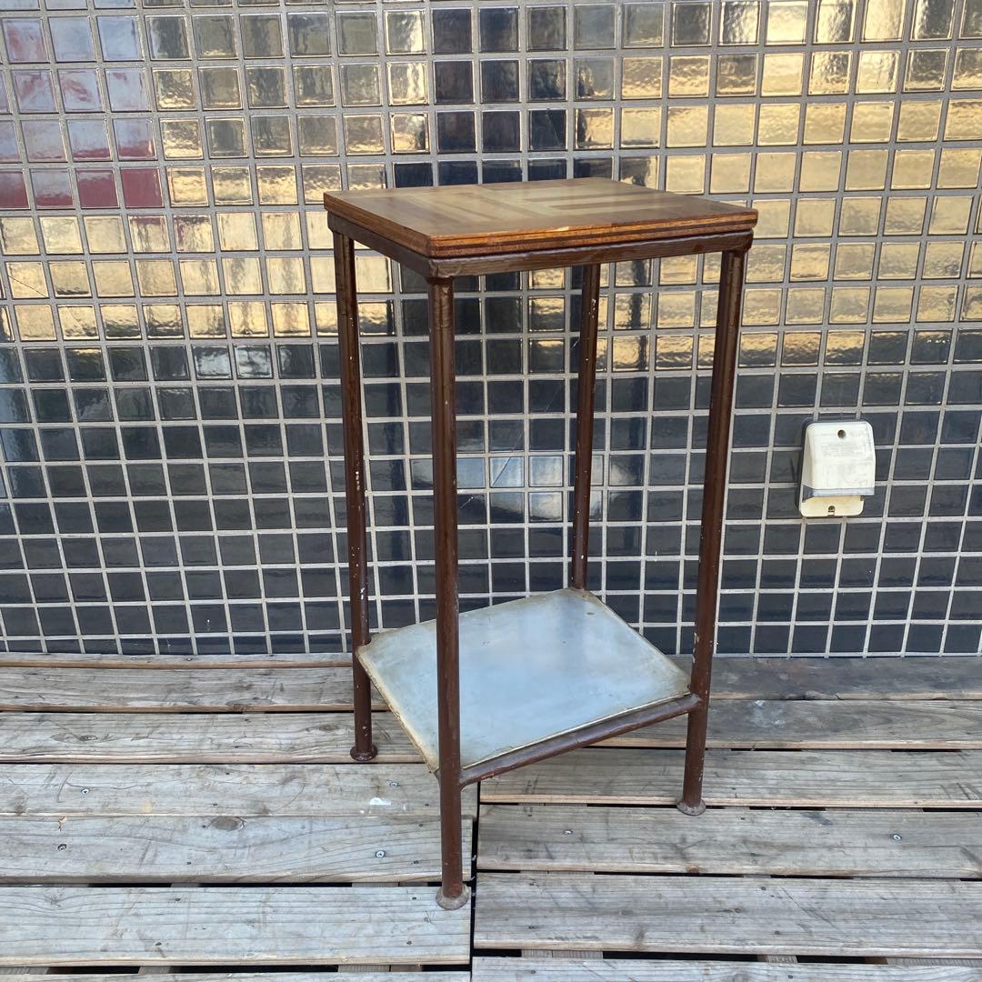 B,昭和レトロ 鉄脚スツール ヴィンテージ 寄木細工 古家具 インダストリアル