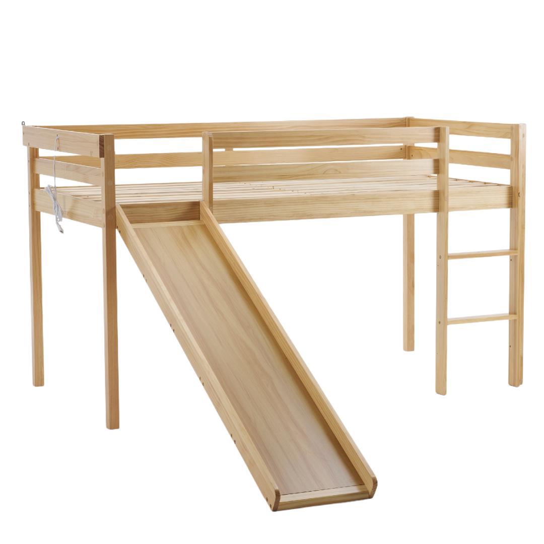 限定価格！子供用木製ロフトベッド【滑り台付き】　階段・収納棚付き　NATURAL