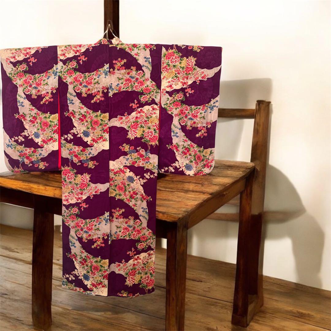 1点もの　大正ロマン　アンティーク着物　七五三　紫　花尽くし