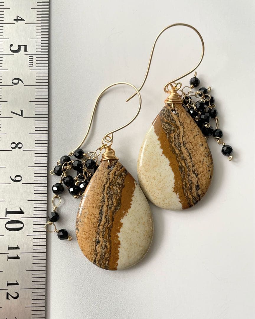 14kgf 天然石　ピクチャージャスパー×ブラックスピネル　ピアス