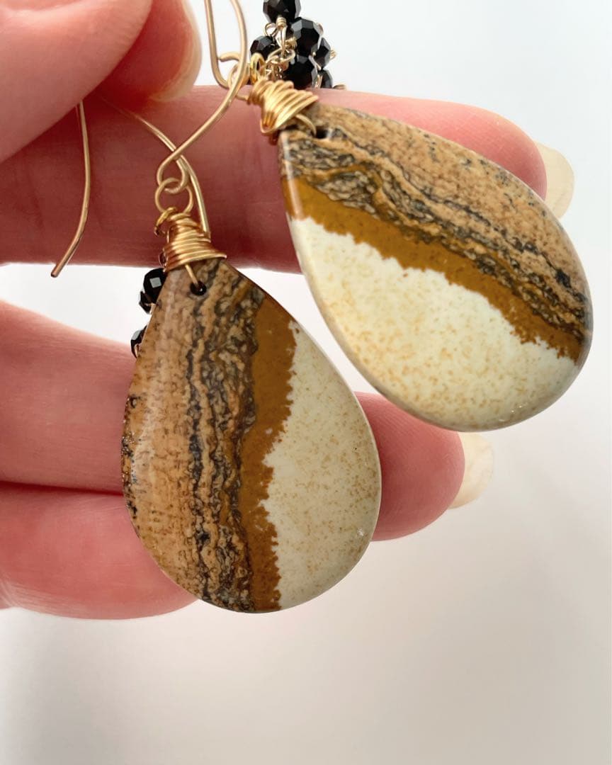 14kgf 天然石　ピクチャージャスパー×ブラックスピネル　ピアス