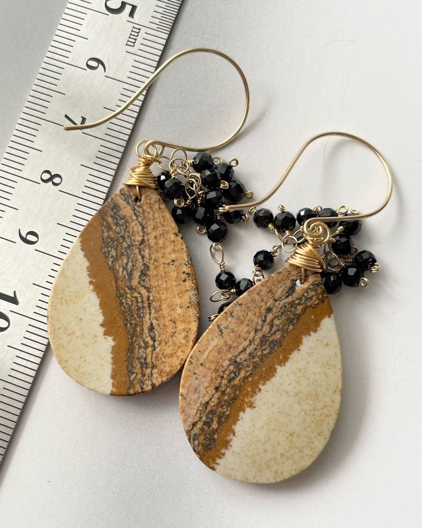 14kgf 天然石　ピクチャージャスパー×ブラックスピネル　ピアス