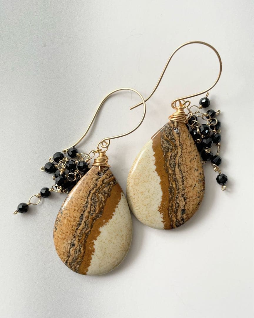 14kgf 天然石　ピクチャージャスパー×ブラックスピネル　ピアス