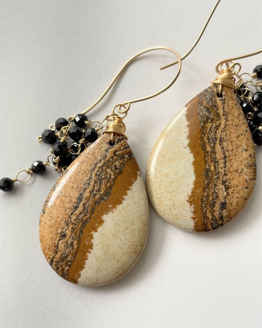 14kgf 天然石　ピクチャージャスパー×ブラックスピネル　ピアス