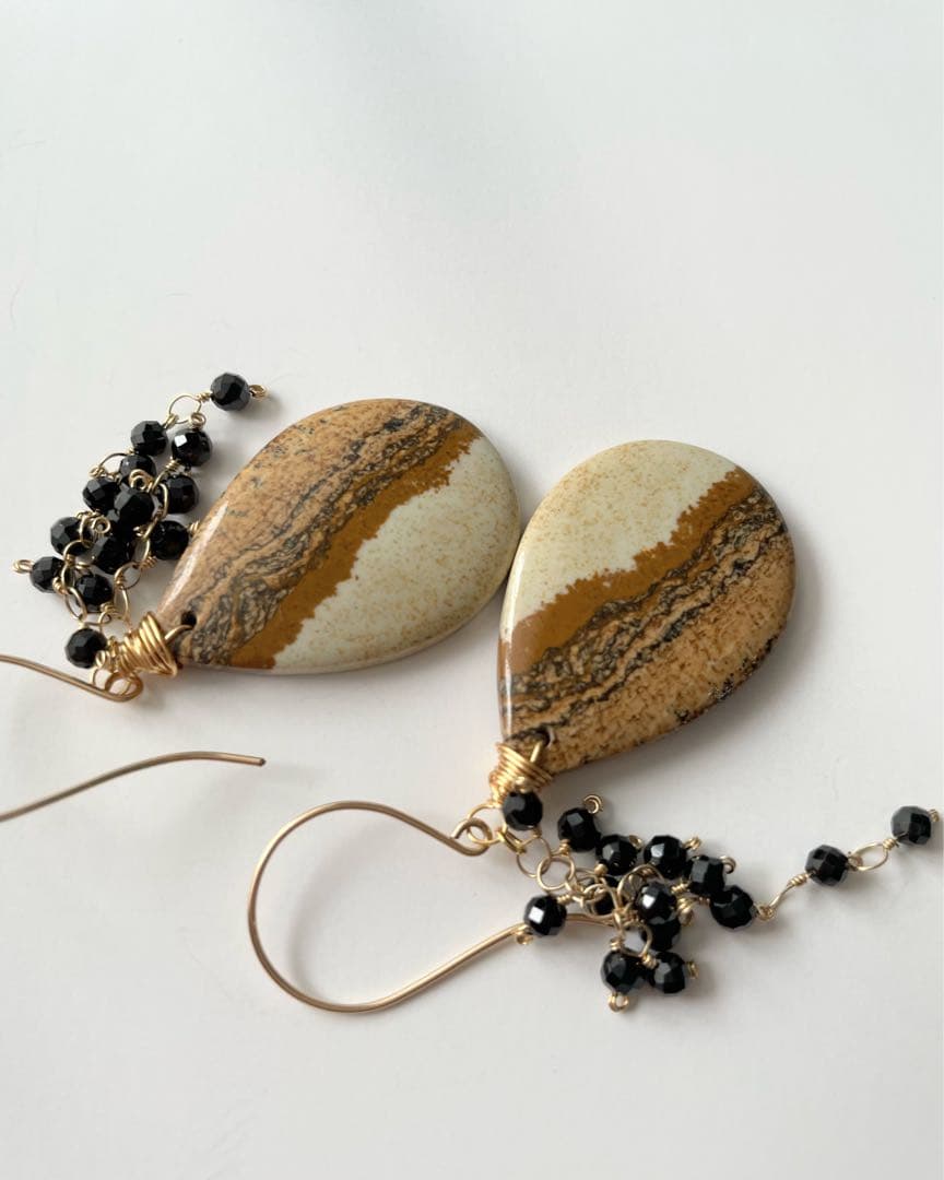 14kgf 天然石　ピクチャージャスパー×ブラックスピネル　ピアス