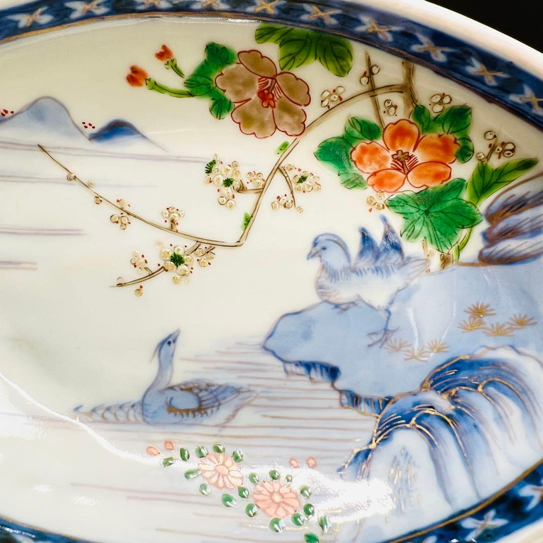 希少品　有田焼　古伊万里　染錦手　献上手川に鴛鴦花絵皿　宝舟型皿　5枚　明治江戸