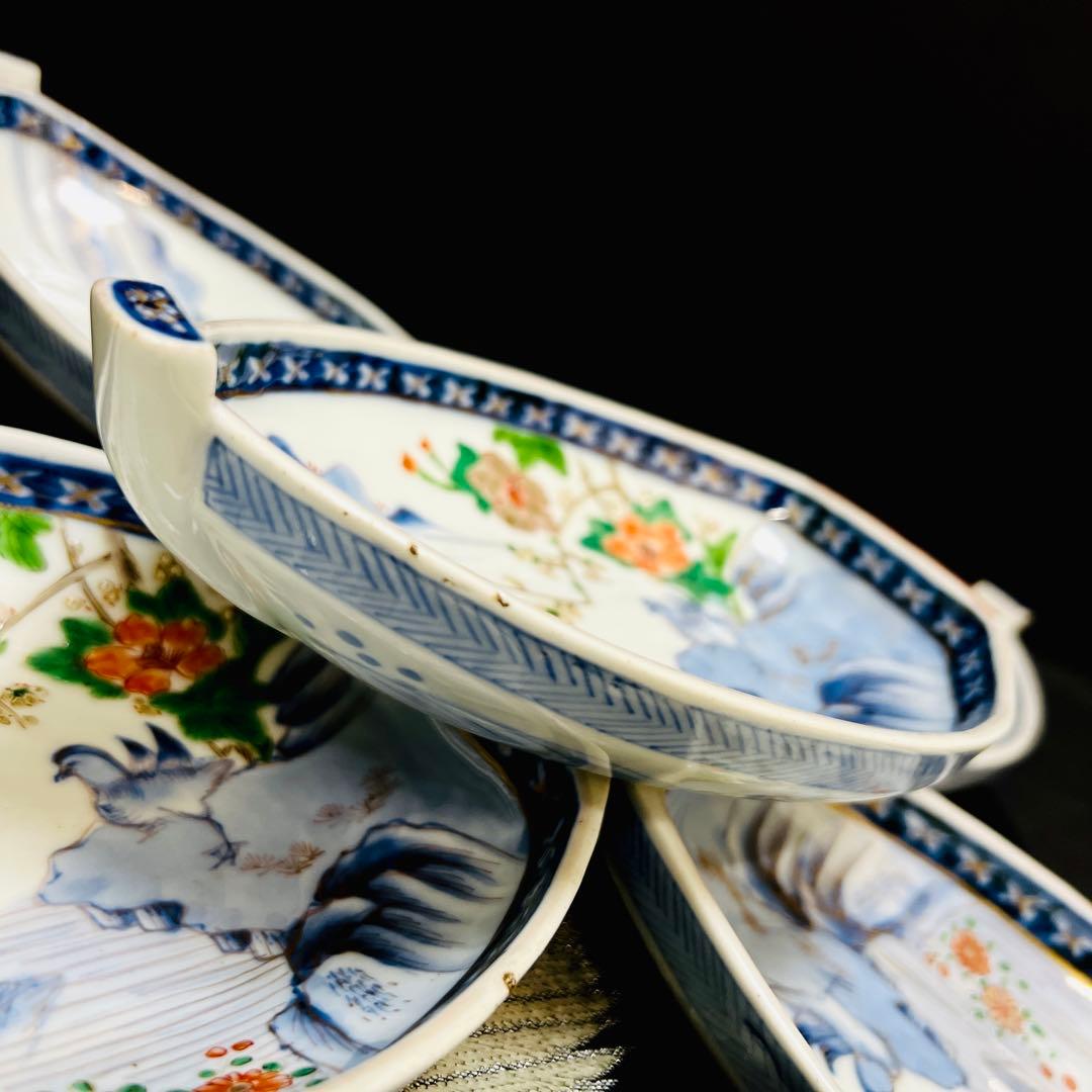 希少品　有田焼　古伊万里　染錦手　献上手川に鴛鴦花絵皿　宝舟型皿　5枚　明治江戸