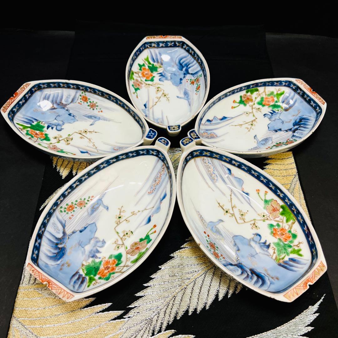 希少品　有田焼　古伊万里　染錦手　献上手川に鴛鴦花絵皿　宝舟型皿　5枚　明治江戸