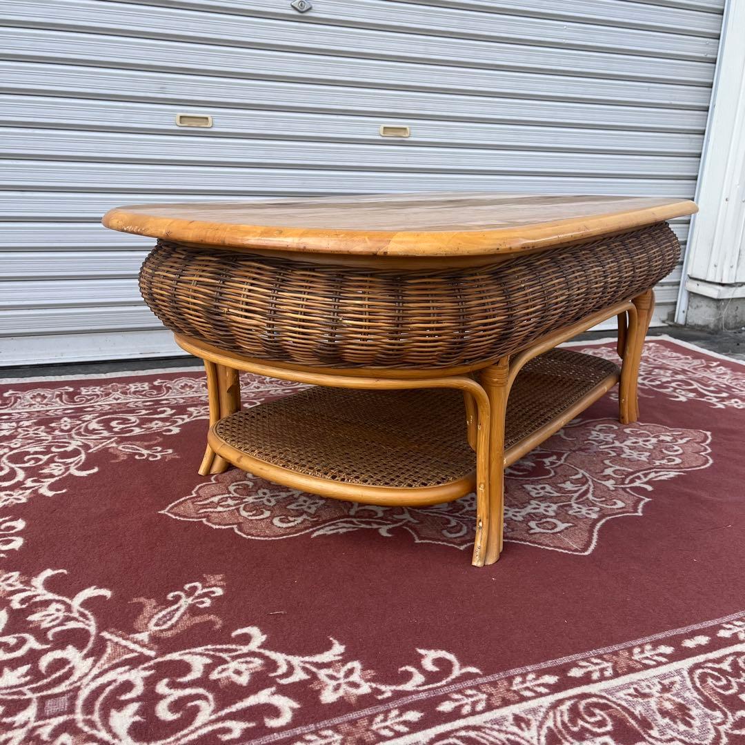 古家具ビンテージ品◼︎籐ラタン×木製天板 センターテーブル ローテーブル