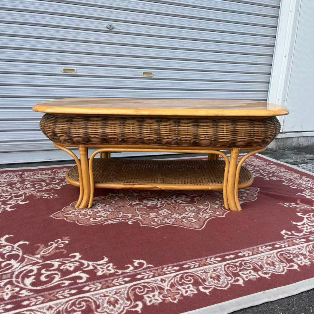 古家具ビンテージ品◼︎籐ラタン×木製天板 センターテーブル ローテーブル