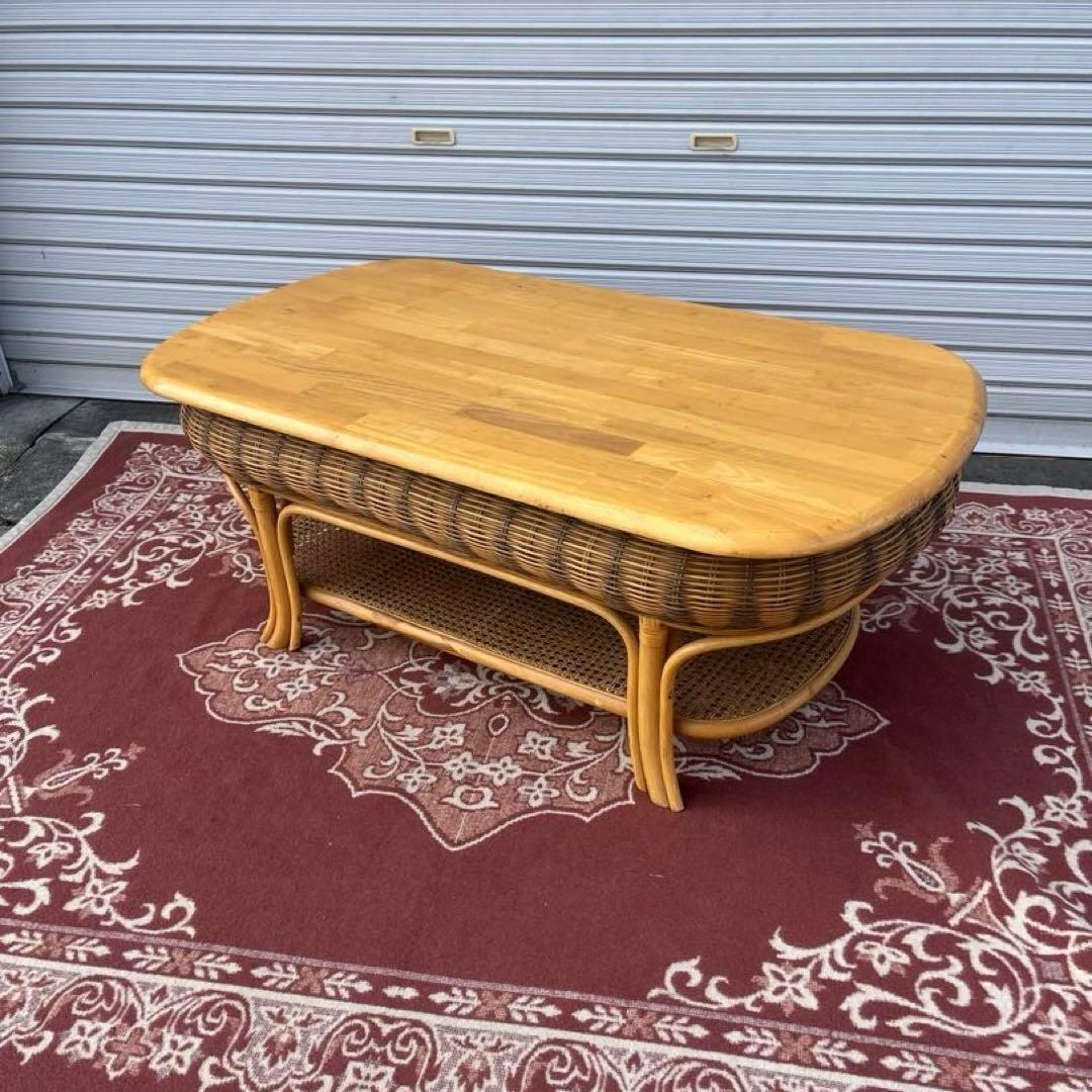 古家具ビンテージ品◼︎籐ラタン×木製天板 センターテーブル ローテーブル