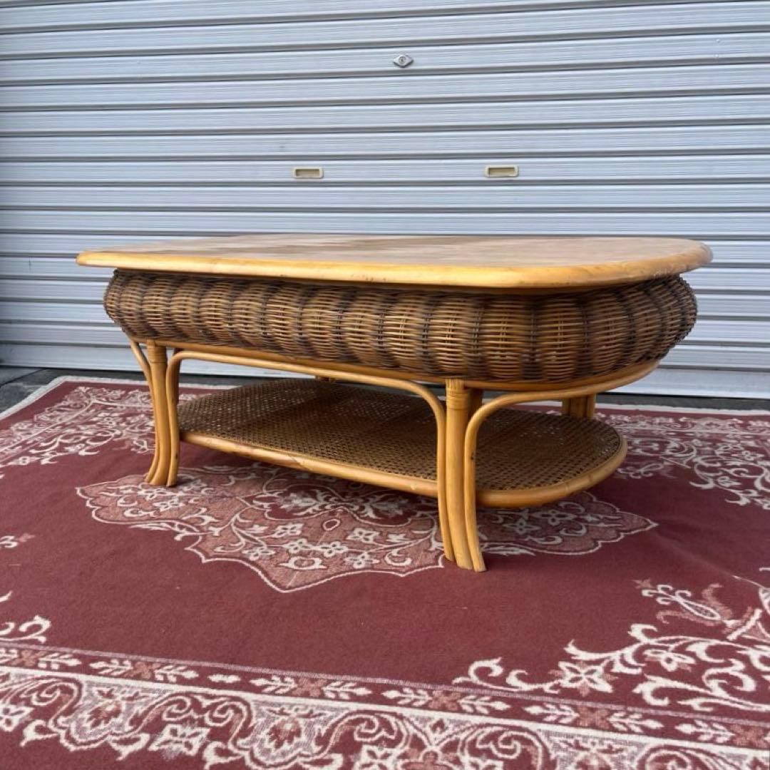 古家具ビンテージ品◼︎籐ラタン×木製天板 センターテーブル ローテーブル